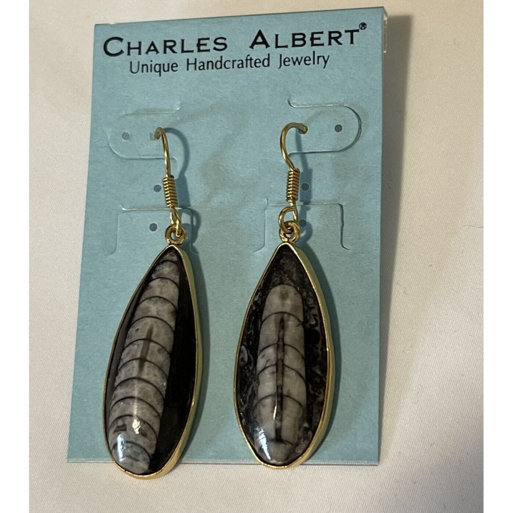 SOLD eBay Charles Albert Orthoceras Fossil Gold Tone pierced Shell earrings NWT - Picture 3 of 7